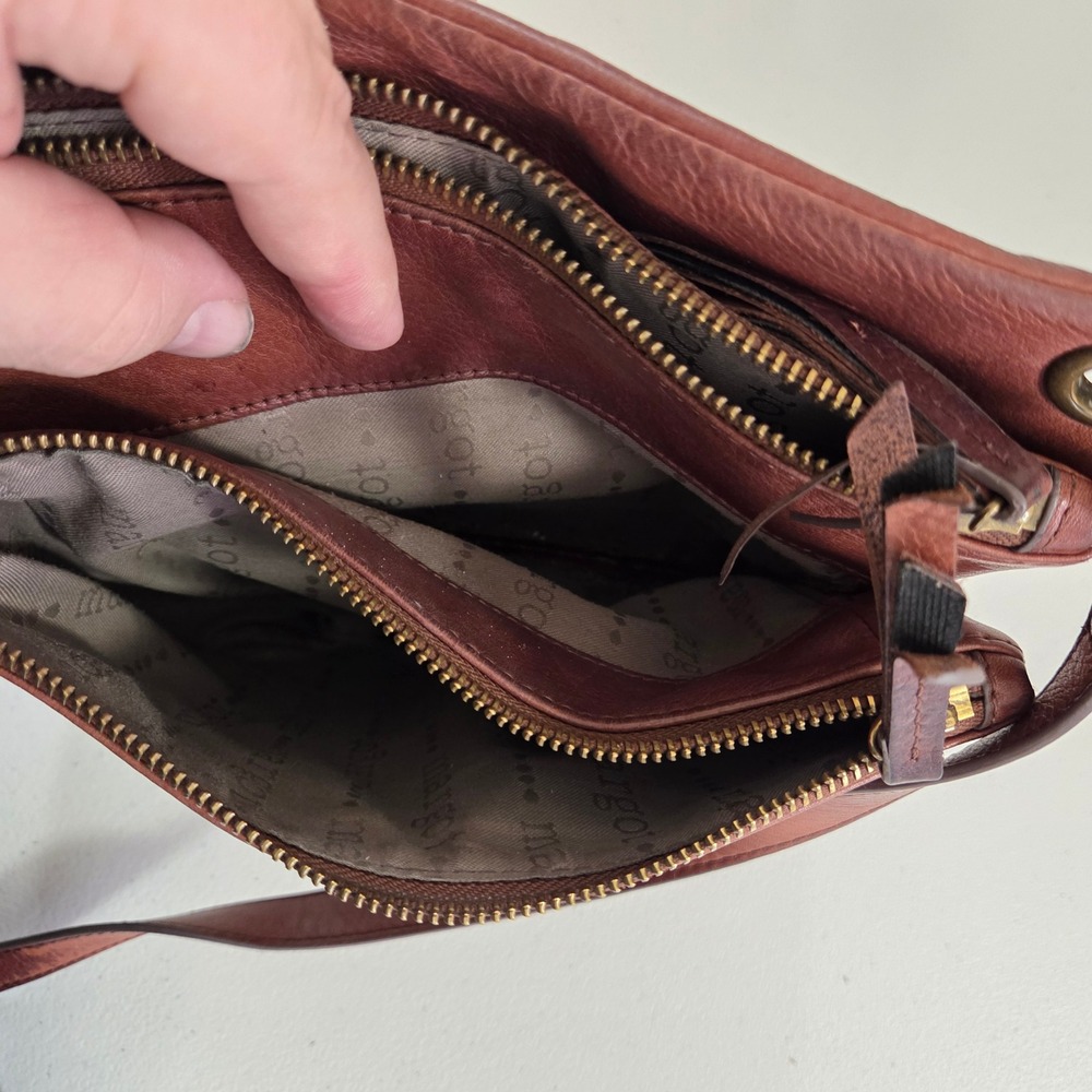 Margot New York Cognac Brown Genuine Leather Triple Zip Crossbody Bag Distressed - Picture 7 of 11